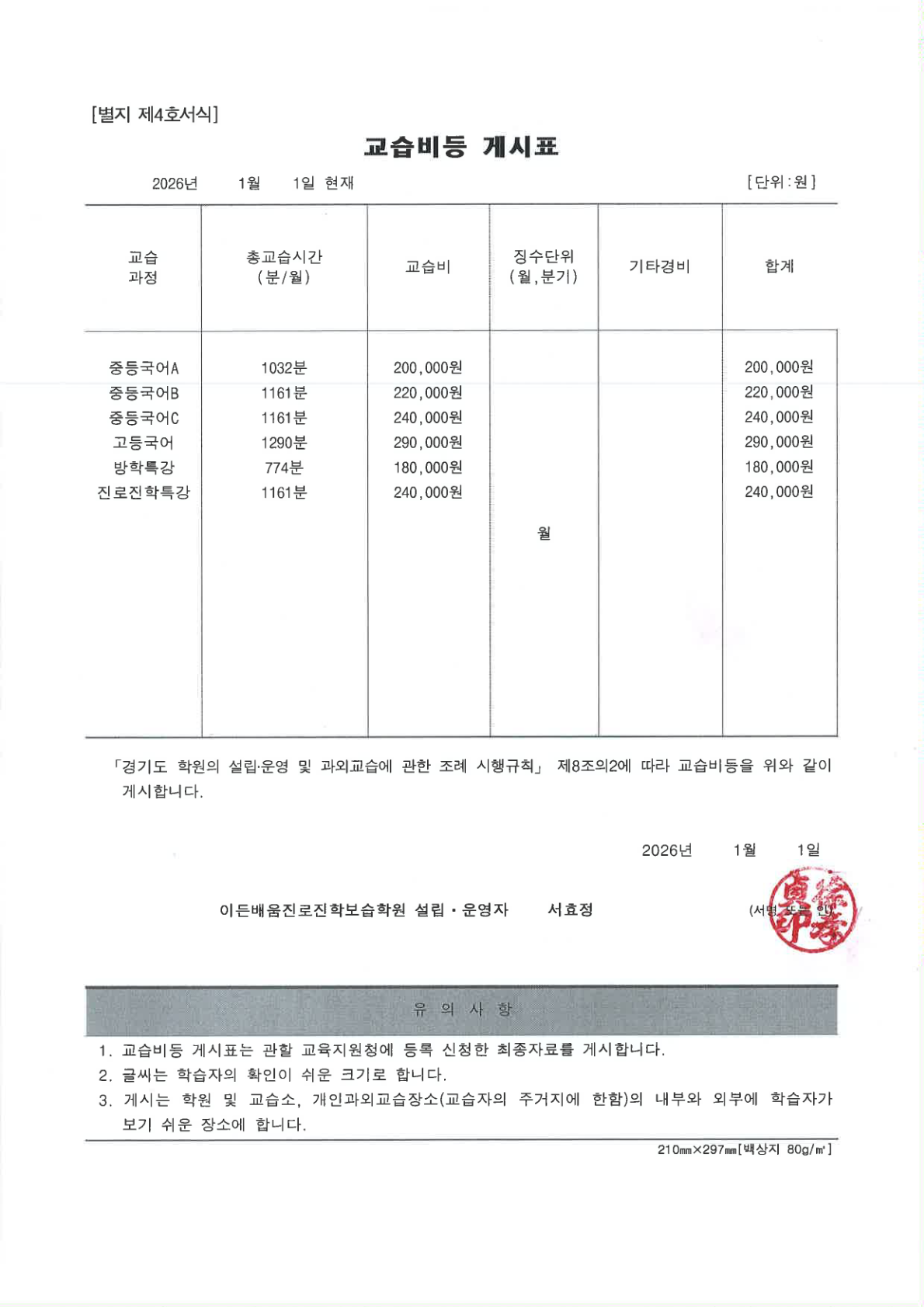 교습비 및 교습비 반환기준
