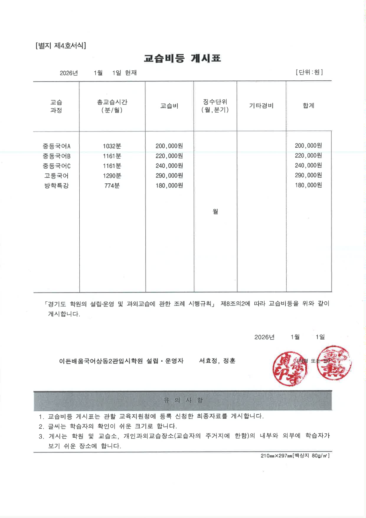 교습비 및 교습비 반환기준