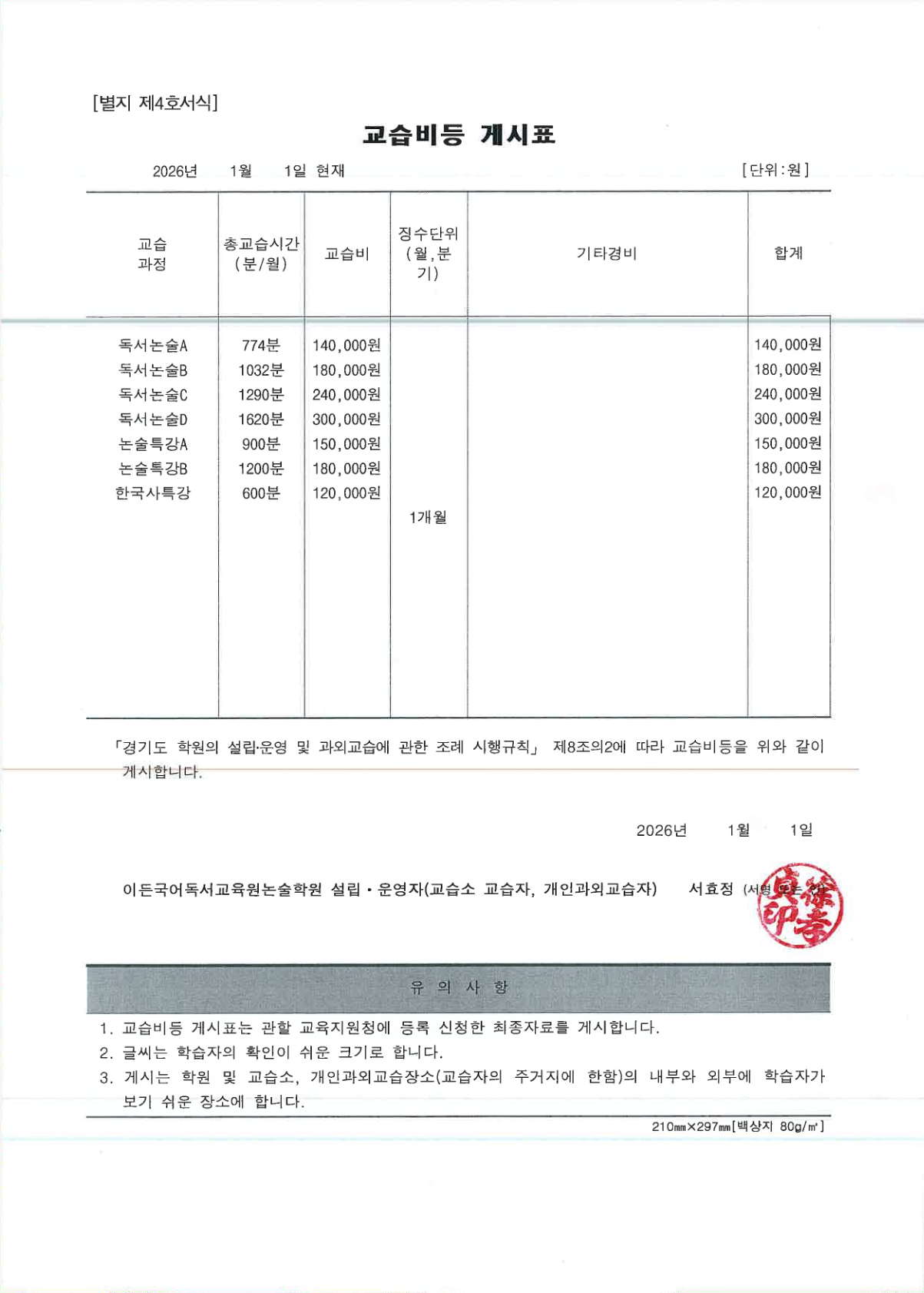 교습비 및 교습비 반환기준