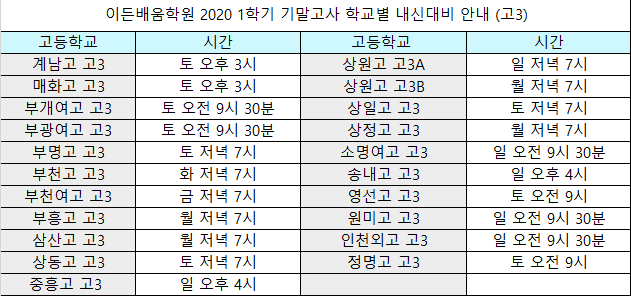 내신대비 시간표 안내] 2020 1학기 학교별 기말고사(고3)